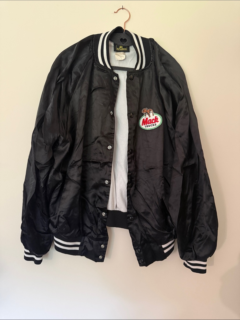 Vintage Black Satin Bomber Jacket with Mack Trucks Patch